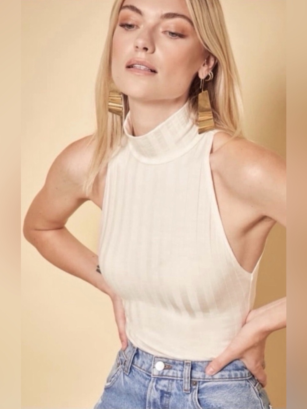 Reformation Isabel Bodysuit Ribbed Mock Neck Sleeveless Ivory Size Small